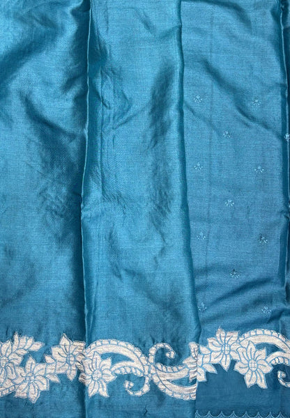 Garden Tussar Saree-Blue in Floral Jaal Embroidery Border