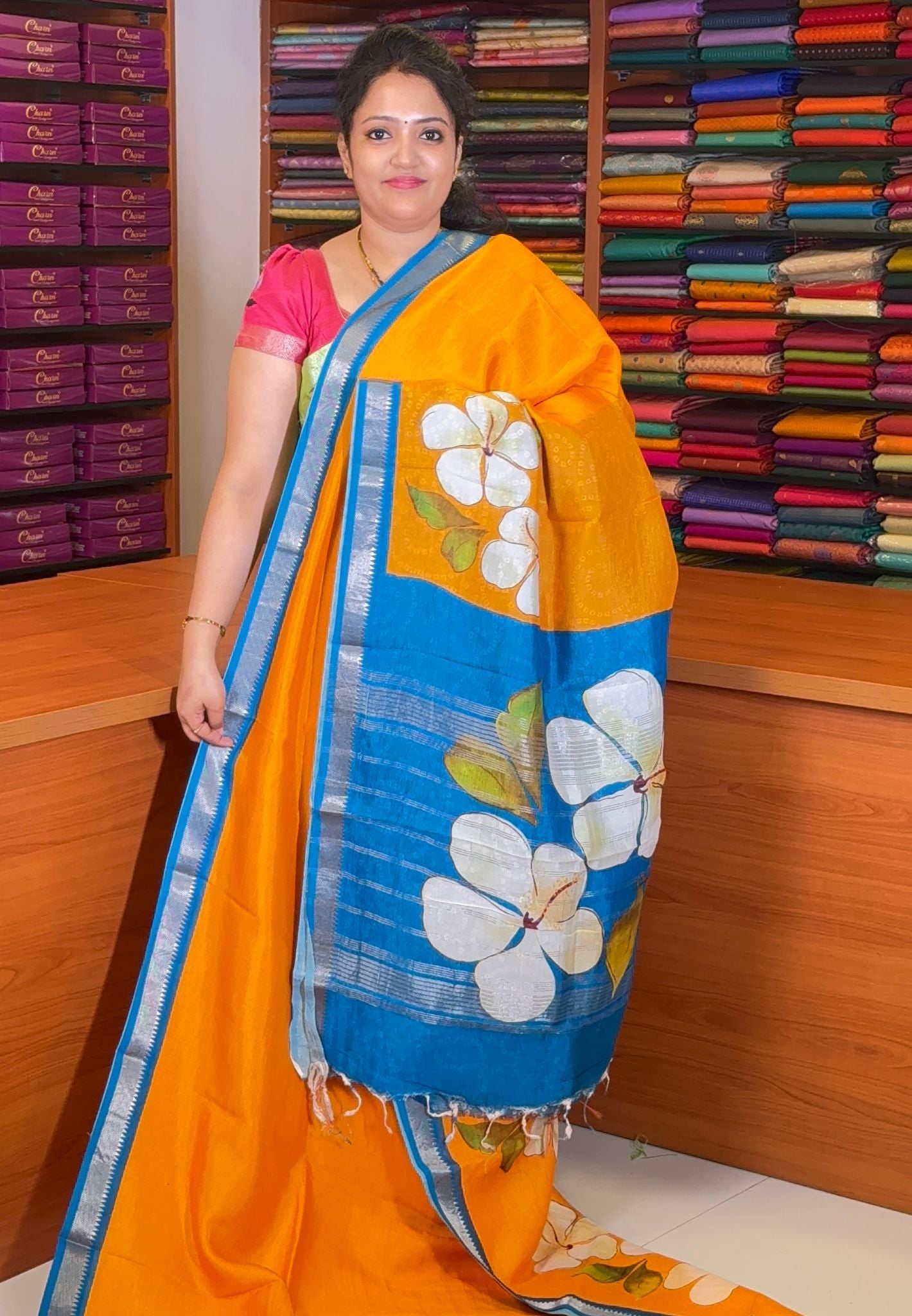 Pure Mangalgiri Silk Saree-Mango Yellow in Floral Print with Small Border
