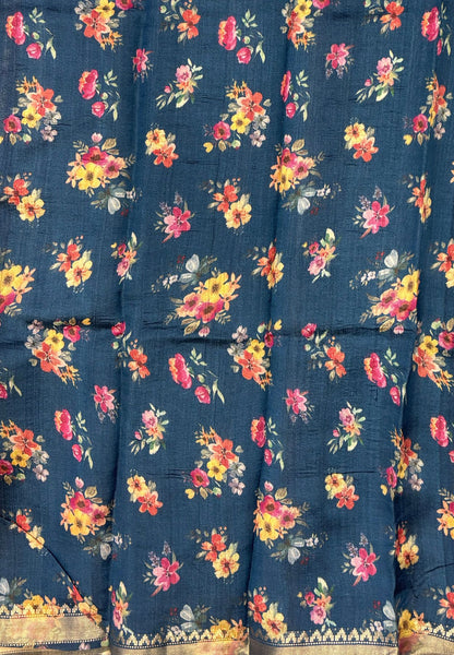 Pure Organza Tussar Saree-Blue In Multi-Stripe Zari Border