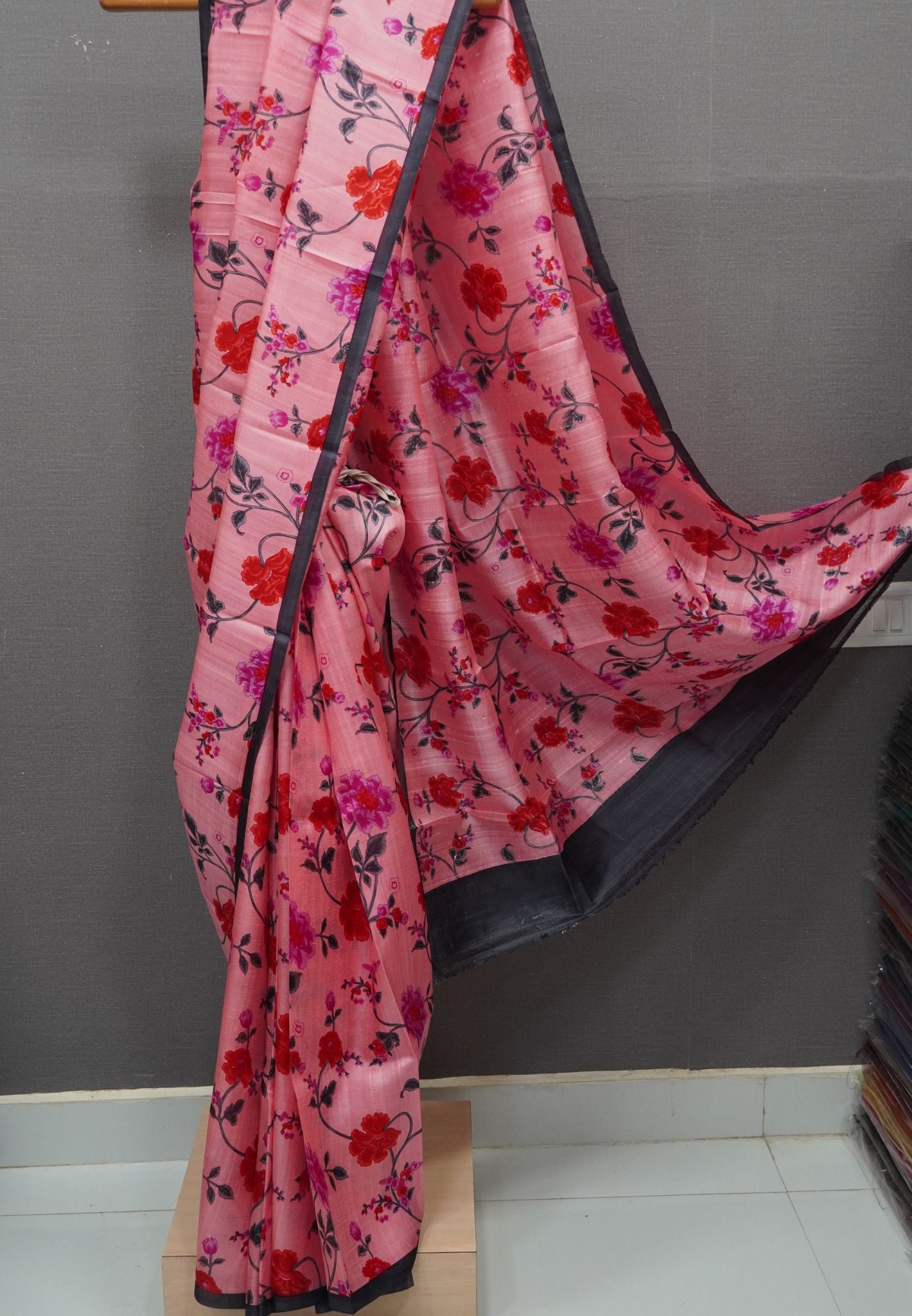 Pure Tussar Saree-Baby Pink in Floral Pattern