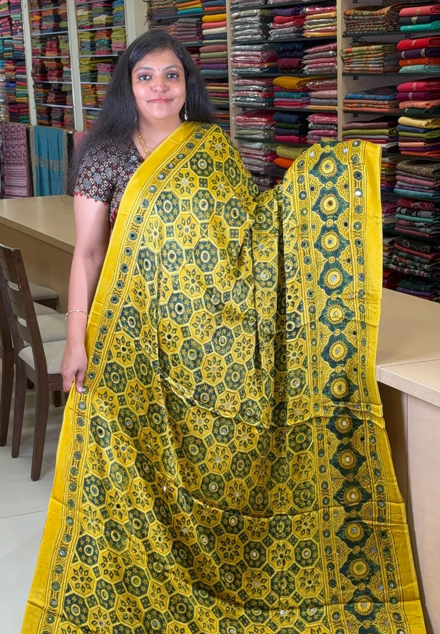 Pure Modal Silk Saree-Original Mirror Work & Traditional Printed Motifs - Yellow