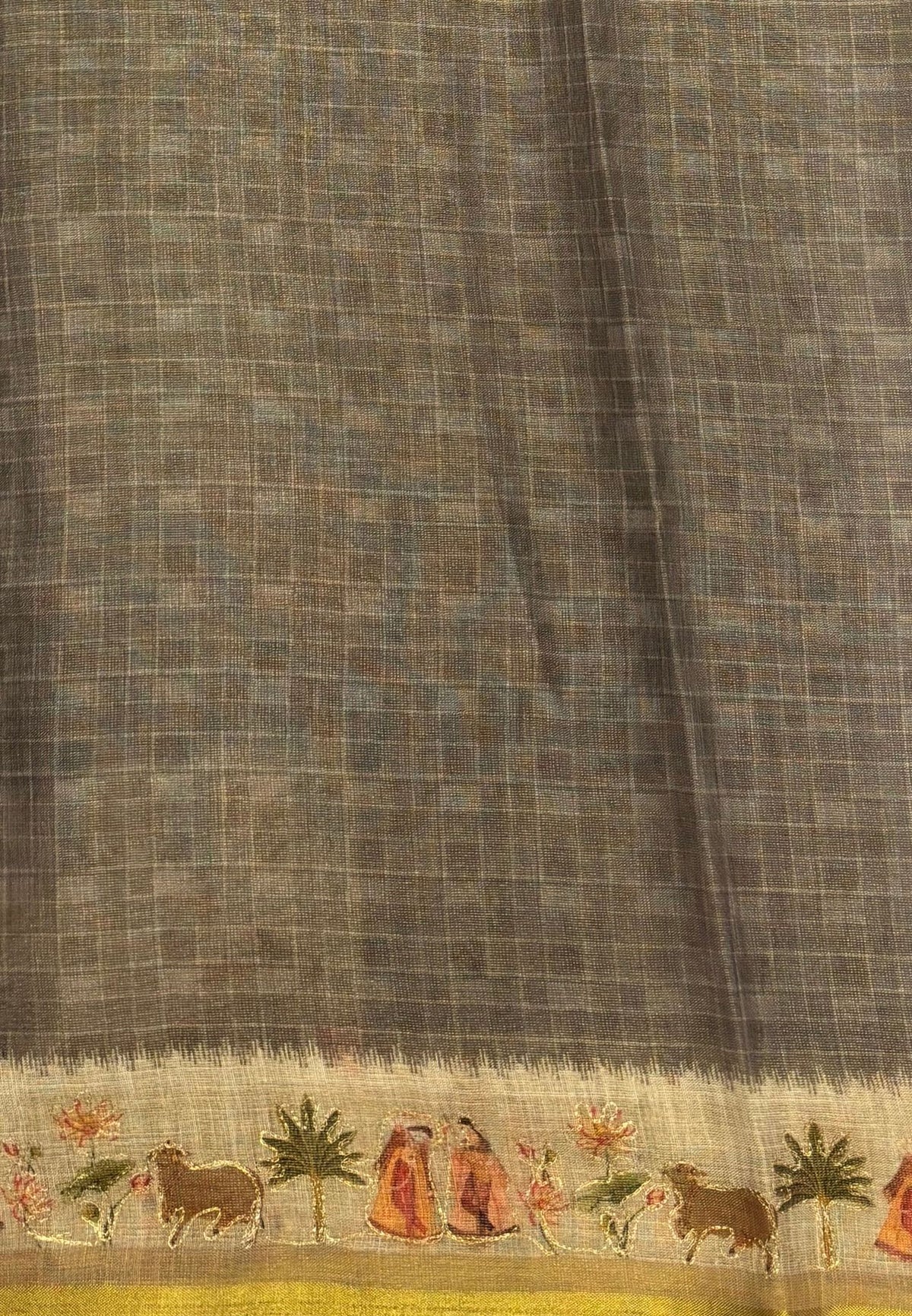 Tissue Linen Saree-Grey in Traditional Tribal Art Printed Border