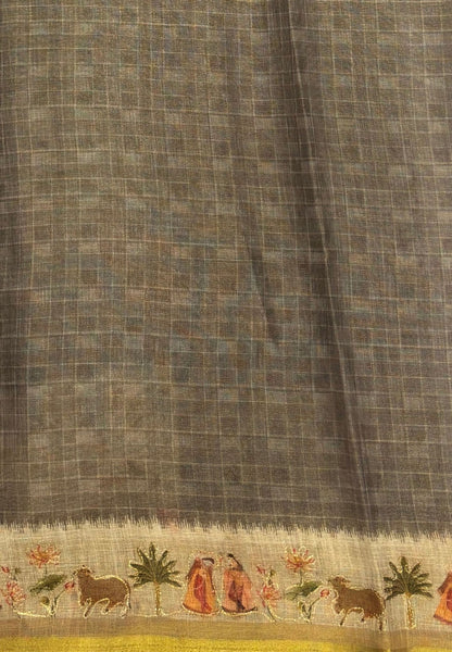Tissue Linen Saree-Grey in Traditional Tribal Art Printed Border