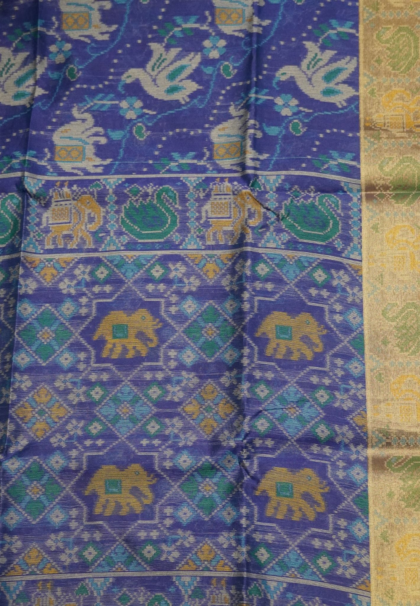 Raw Silk Saree - Ink Blue with Patola Print