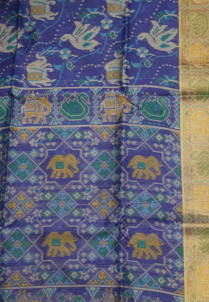 Raw Silk Saree - Ink Blue with Patola Print