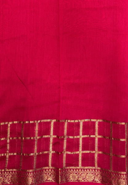 Semi Chinya Silk Saree-Redish Pink In Checkered Zari Border
