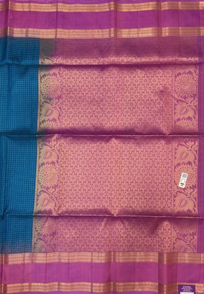 Pure Kanchipuram Silk Saree-Sky Blue in Zari Checks with Contrast Retapet Border