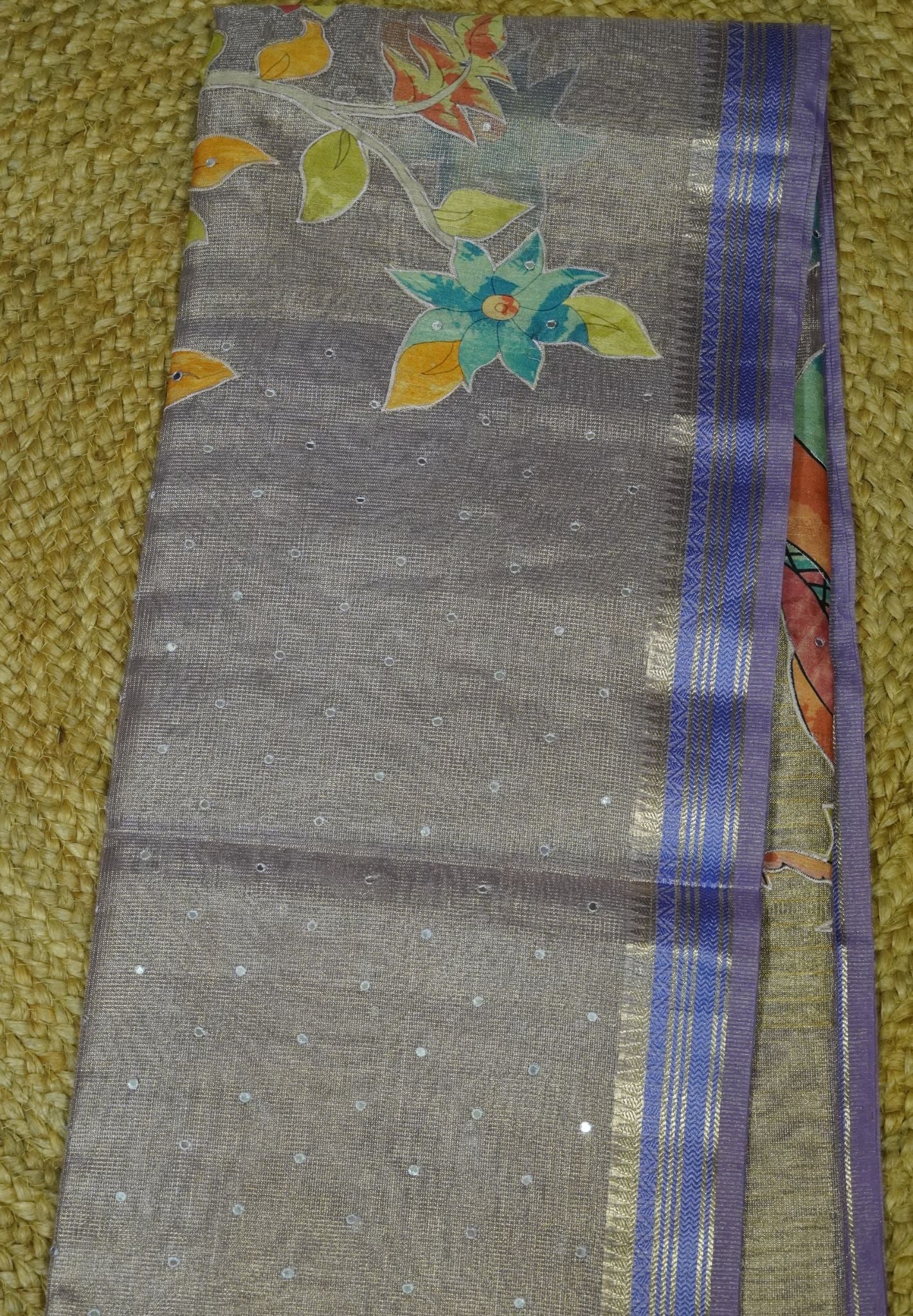 Silk Kota Saree-Purple With Mirror and Applique Work in Pallu