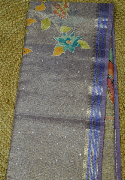 Silk Kota Saree-Purple With Mirror and Applique Work in Pallu