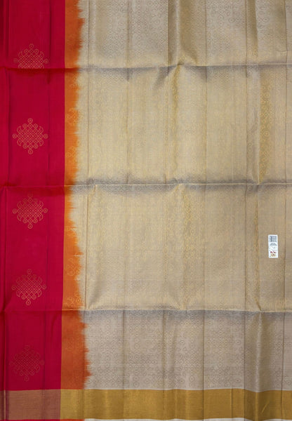 Pure Kanchipuram Silk Saree-Redish Pink In Plain Tissue Zari Border