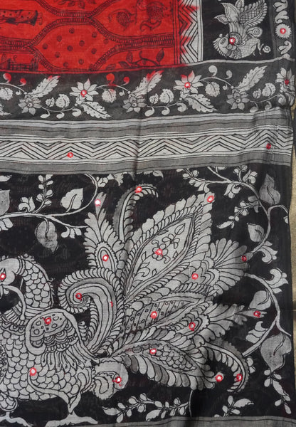 Malai Cotton Saree- Red Mirror Work with Annam border