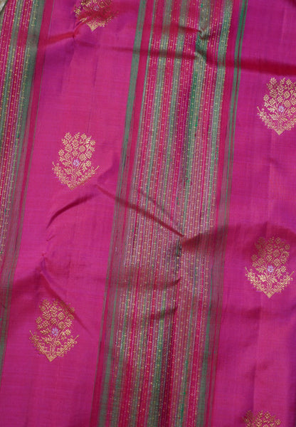 Pure Kanchipuram Silk Saree-Rani Pink with Floral Butta and Zari Vertical Stripes