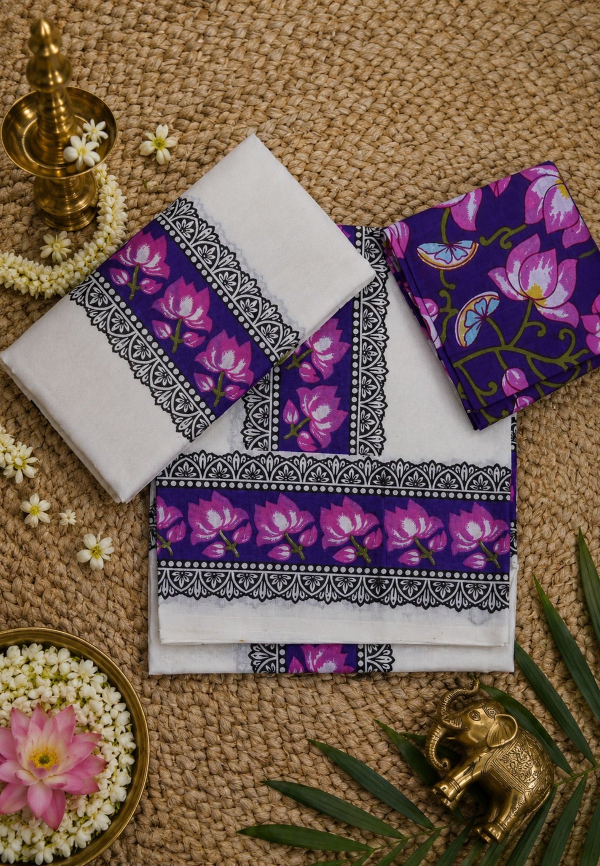 Cotton Set Mund-Off White - Purple with Pichwai Border