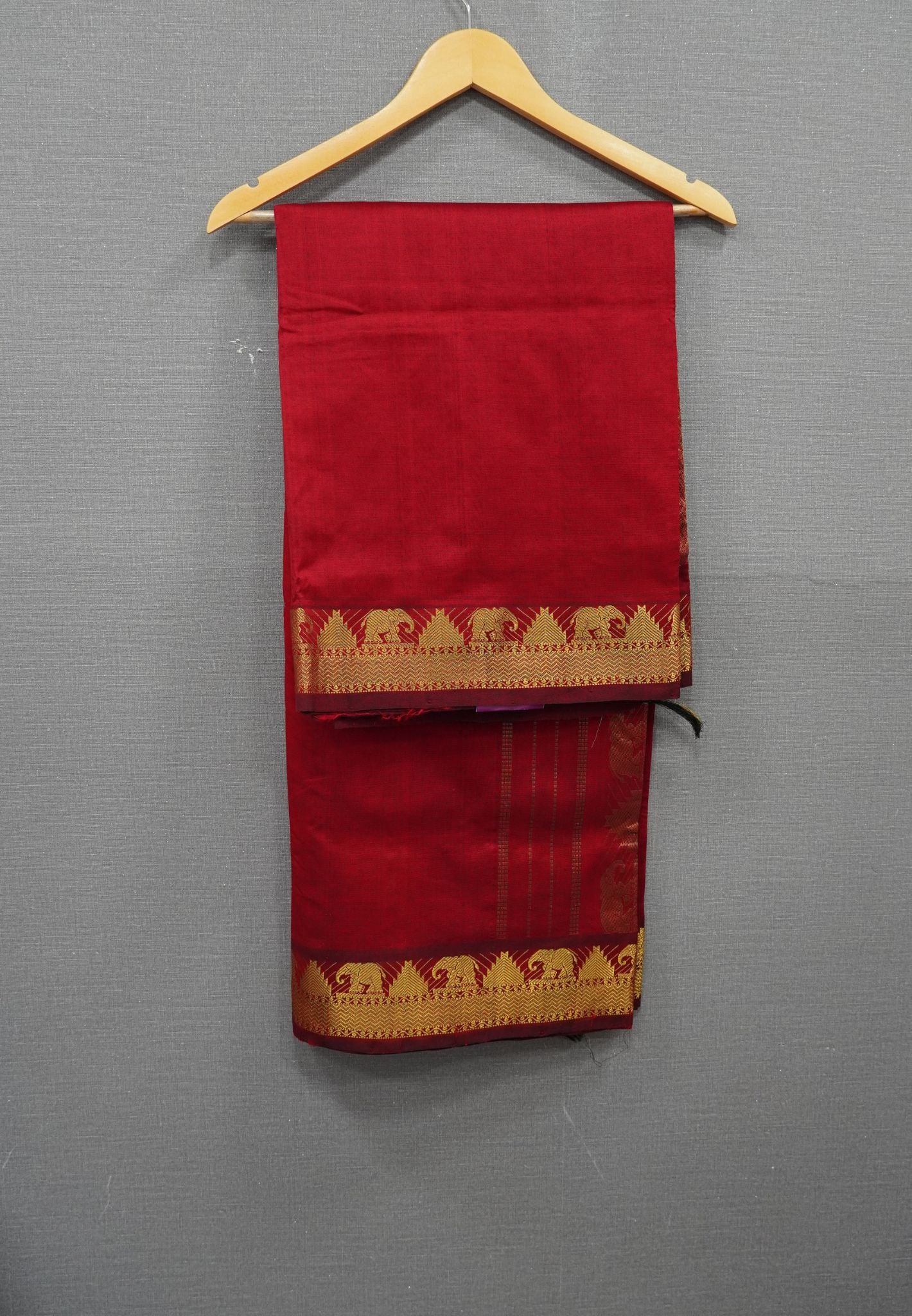 Silk Cotton Saree-Maroon with Elephant Zari Border