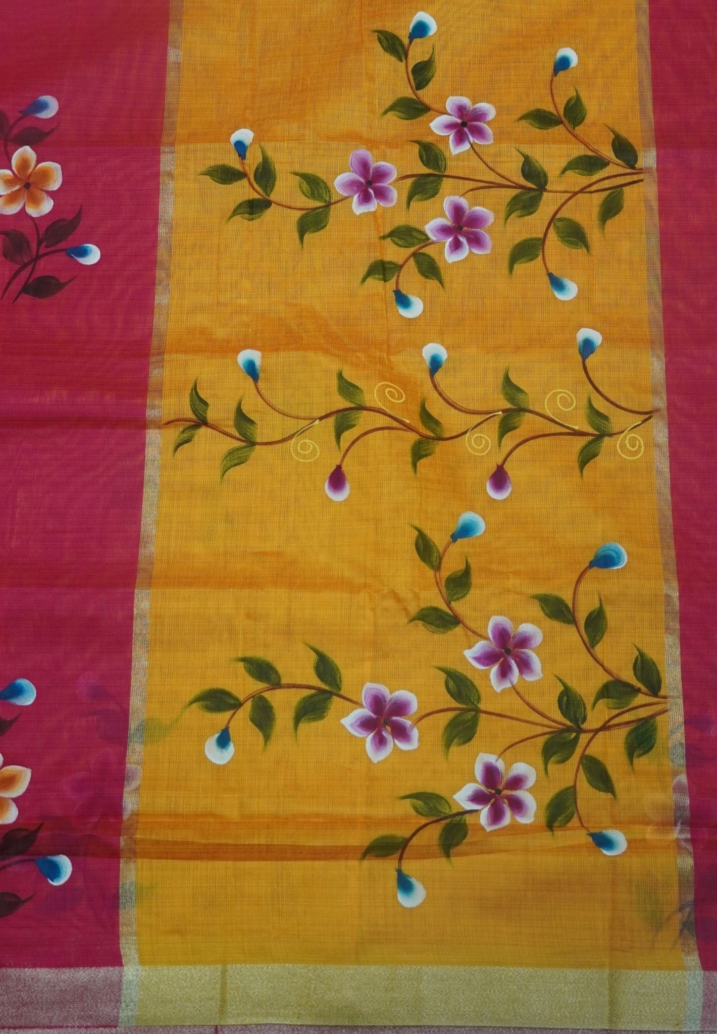 Cora Linen Saree-Pink with Hand Painted Floral Motifs