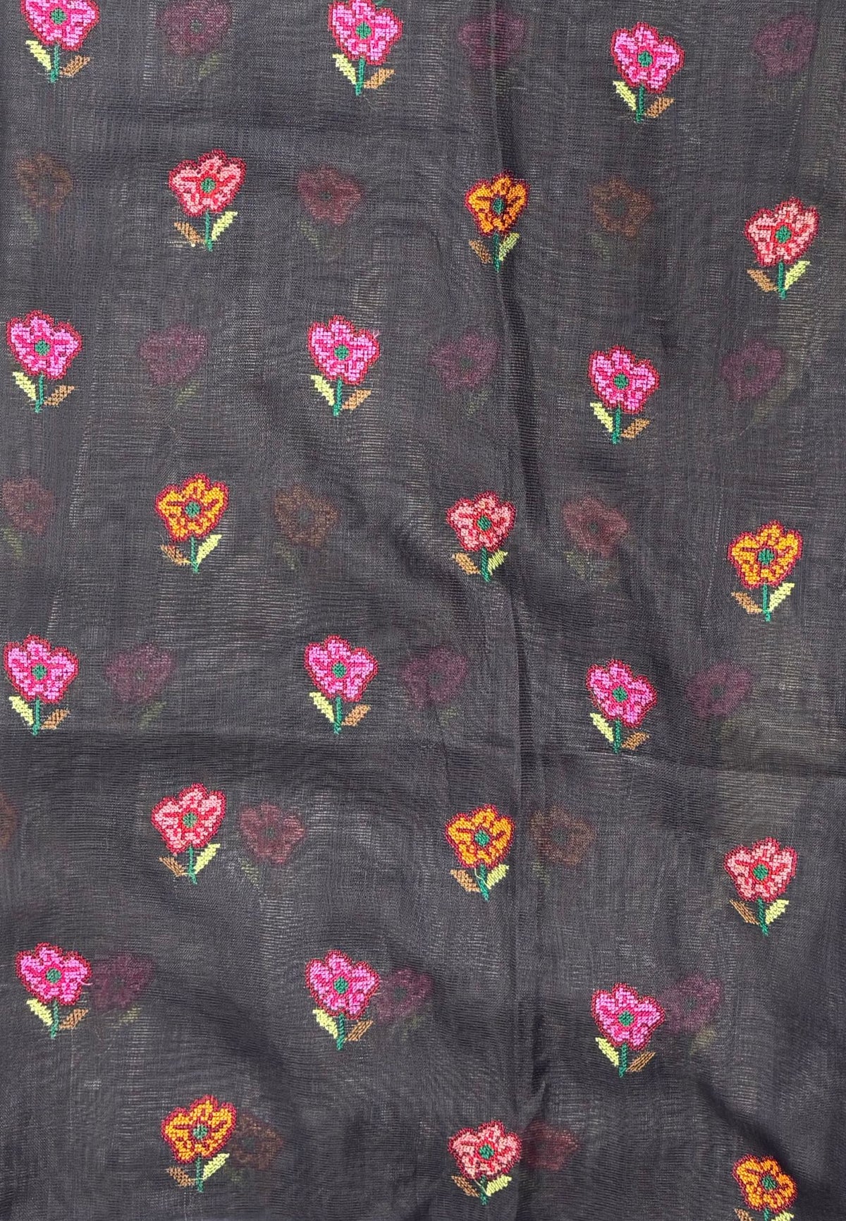 Tissue Linen Saree-Grey In Cross Stitch Floral Border