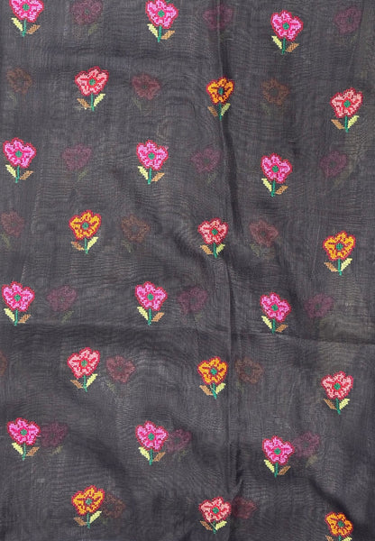 Tissue Linen Saree-Grey In Cross Stitch Floral Border