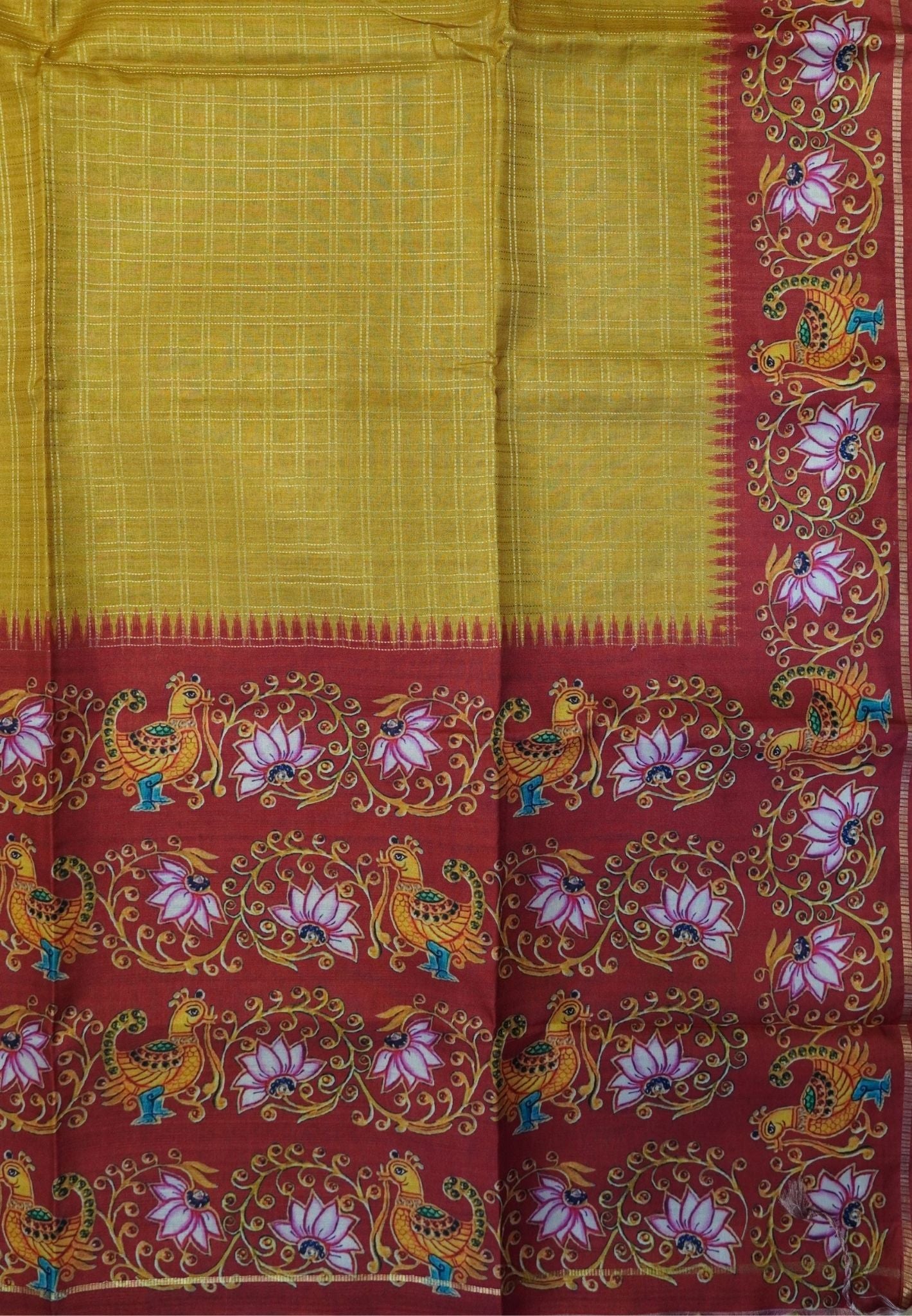 Premium Matka Tussar Saree-Mustard with Contrast Border in Tanjore Print