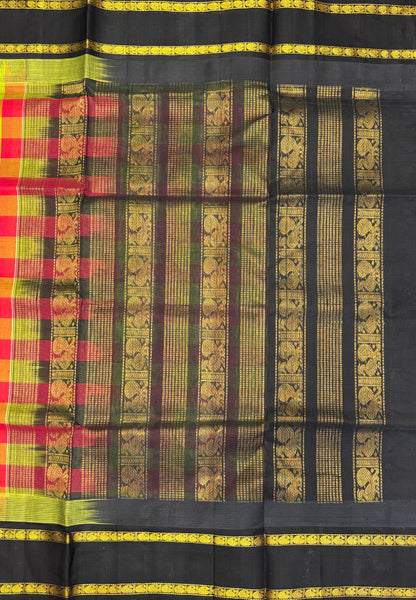 Pure Silk Cotton Saree–Light Green in Checked Zari with Contrast Border
