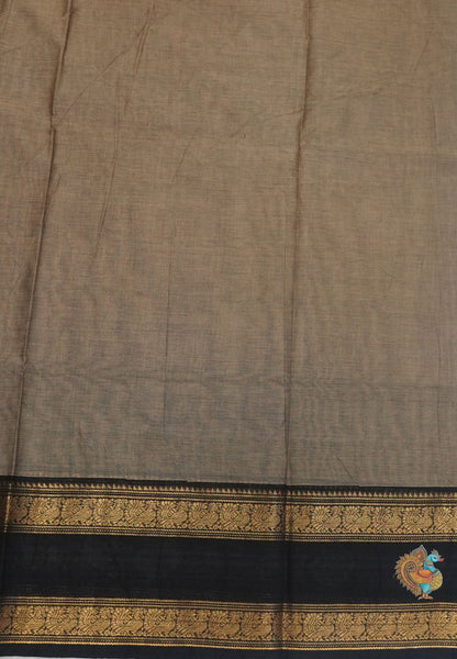 Chettinad Cotton Saree- Beige with Peacock Tanjore Print