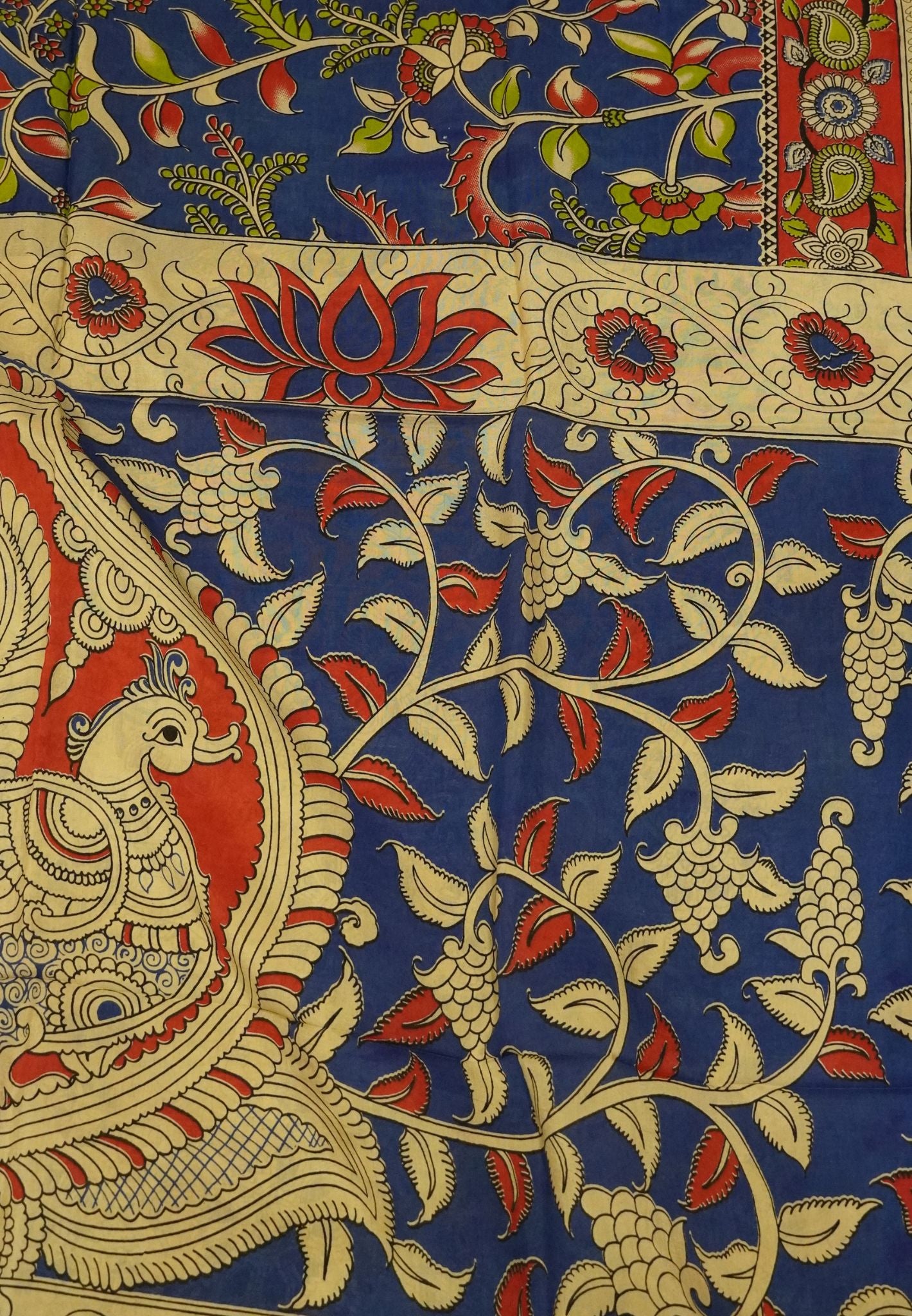 Kalamkari Silk Saree - Blue - Maroon