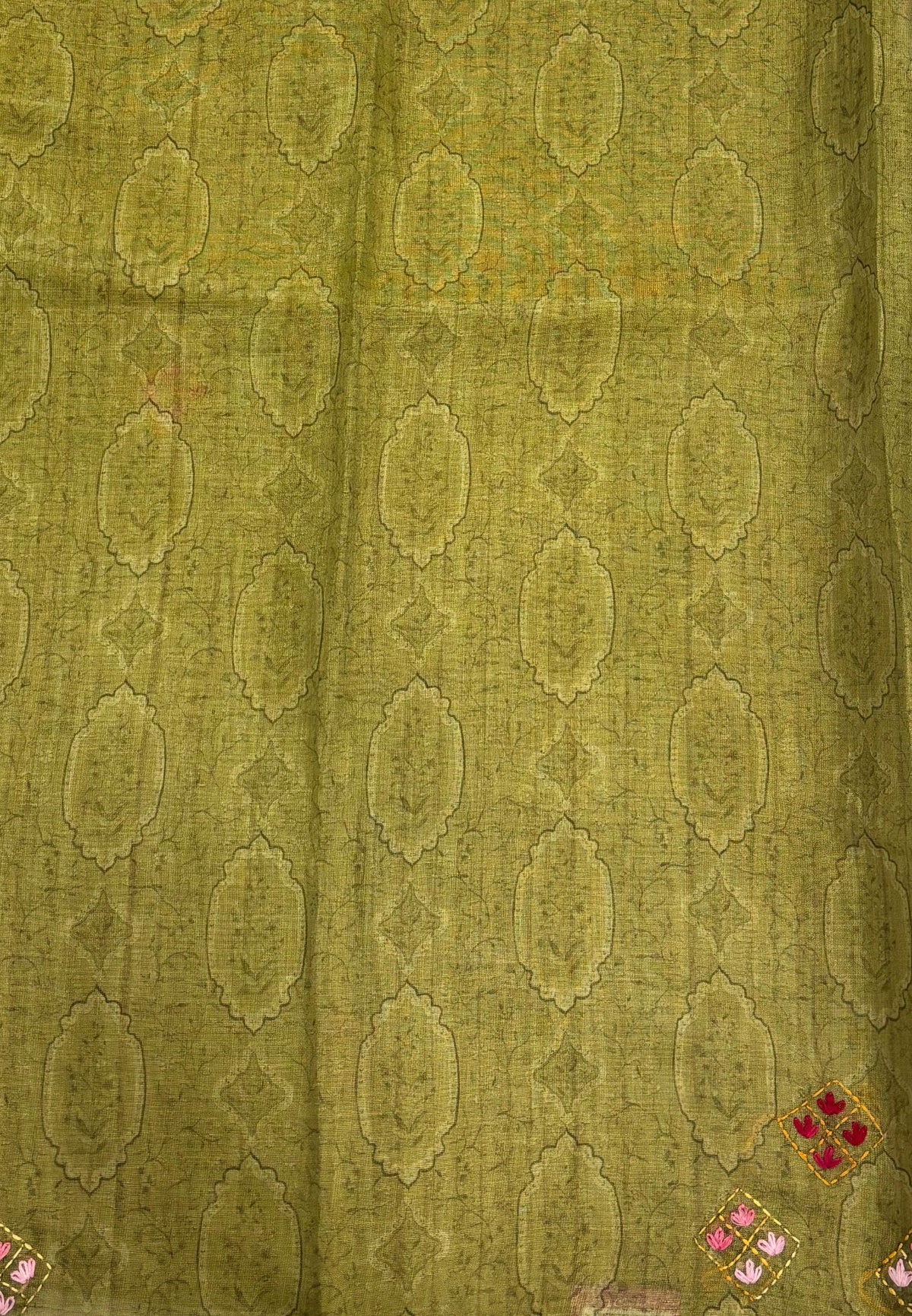 Tissue Linen Saree-Olive Green in Phulkari Embroidery Border
