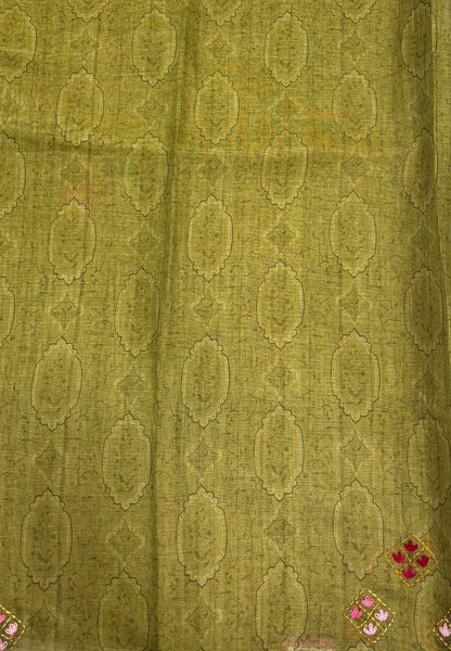 Tissue Linen Saree-Olive Green in Phulkari Embroidery Border