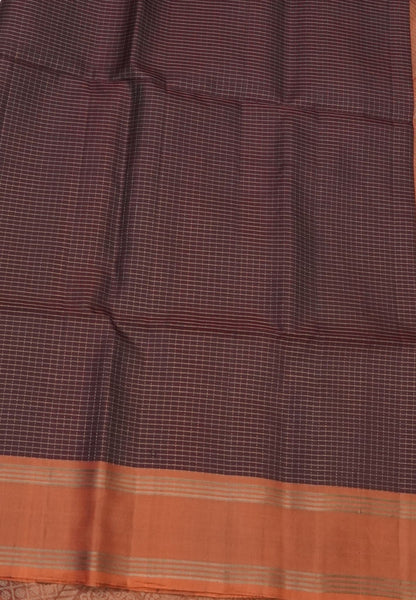 Pure Kanchipuram Silk Saree-Brown in Zari Checks with Contrast Rettapet Border