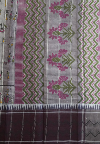 Pure Cotton Saree-Cream with Purple in Grama Chithram Pattern