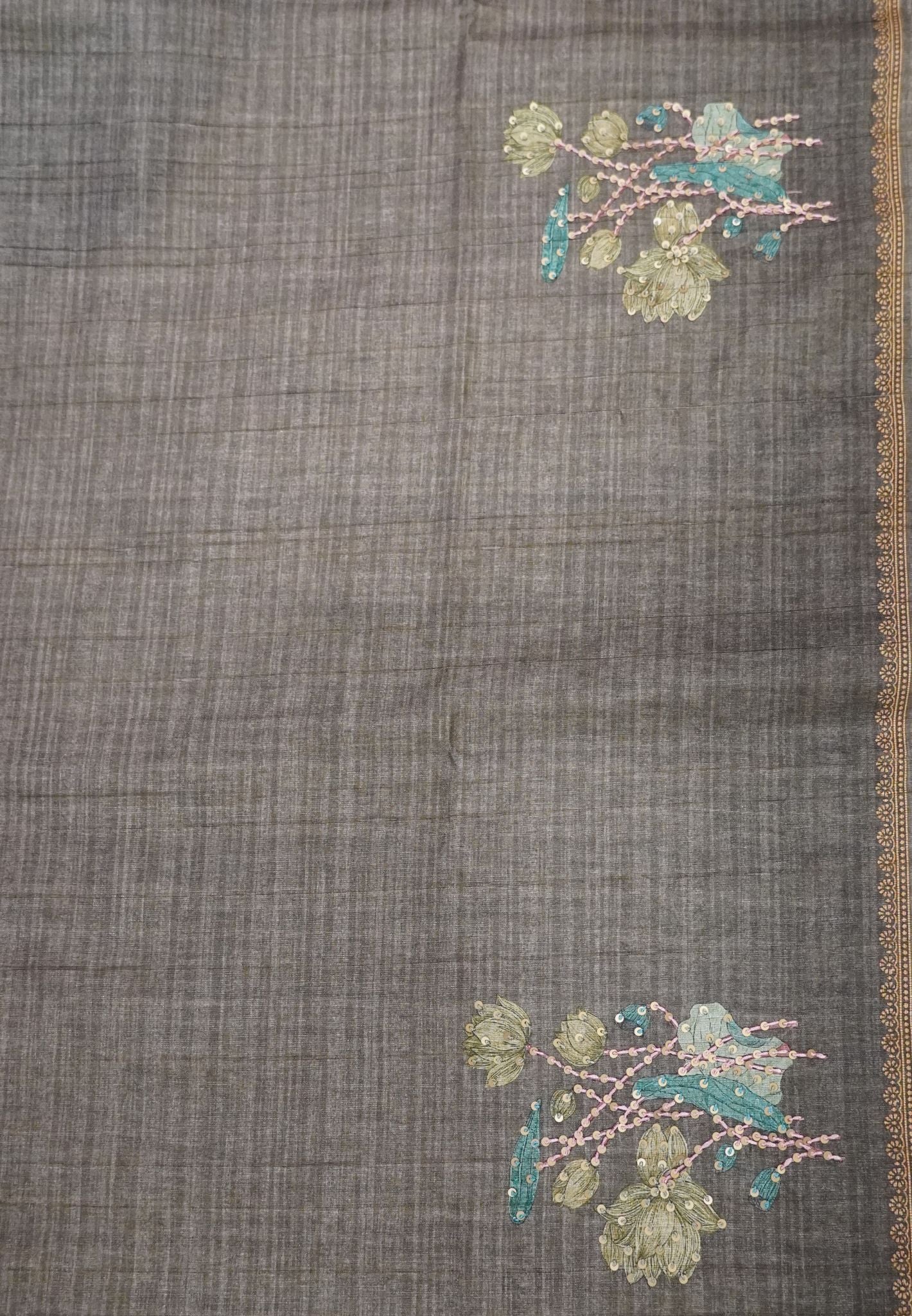 Tussar Saree-Mehandi Brown with French Knot & Sequence Work