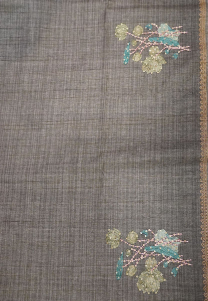 Tussar Saree-Mehandi Brown with French Knot & Sequence Work