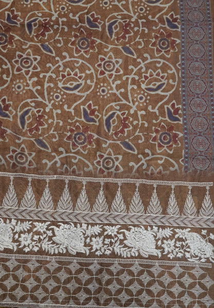 Semi Chanderi Saree-Khaki with Floral Pattern
