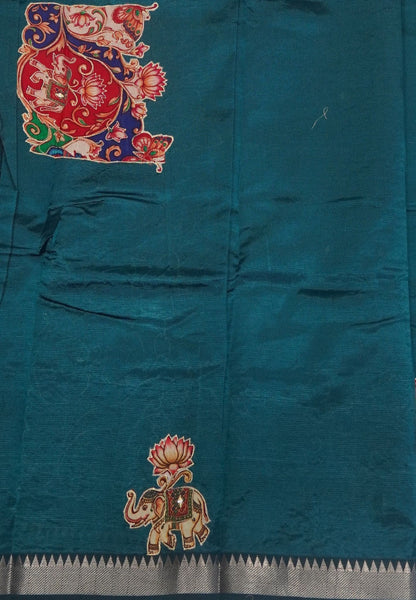 Pure Mangalgiri Silk Saree- Peacock Green with Appliqué Work