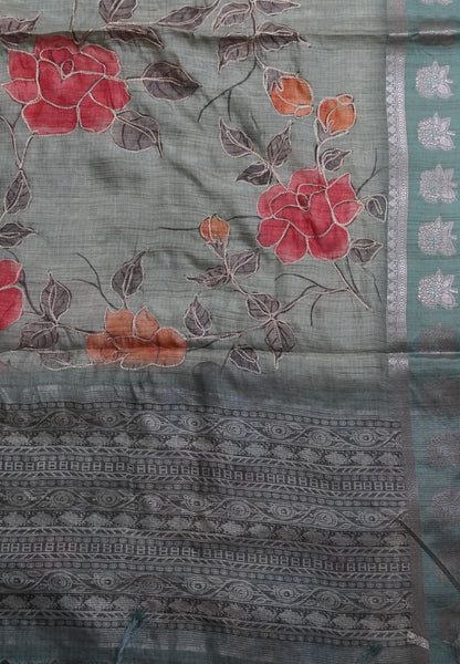 Tissue Linen Saree-Sea green with Floral Kutch Work
