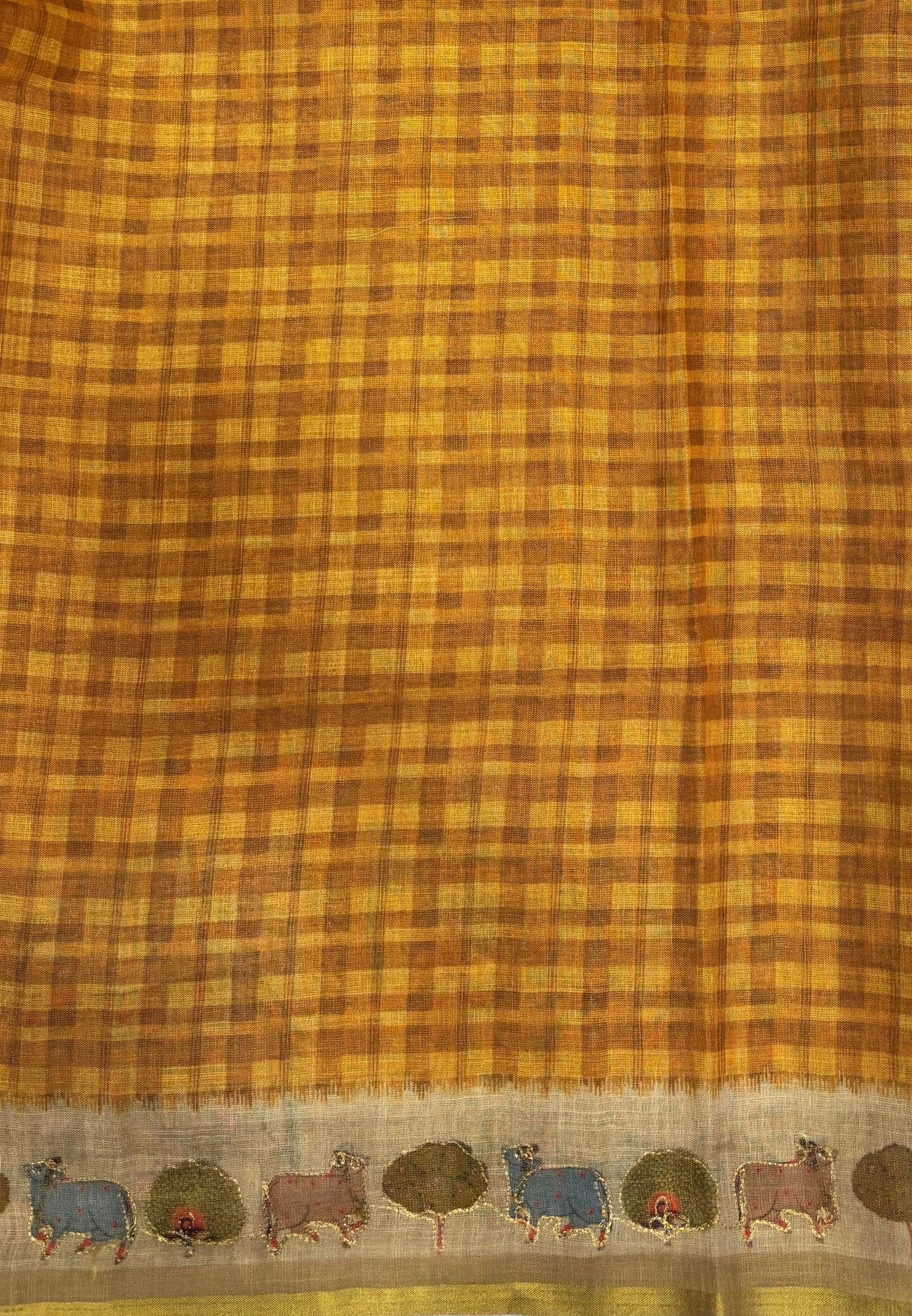 Tissue Linen Saree-Mustard in Pichwai Cow & Peacock Motif Border
