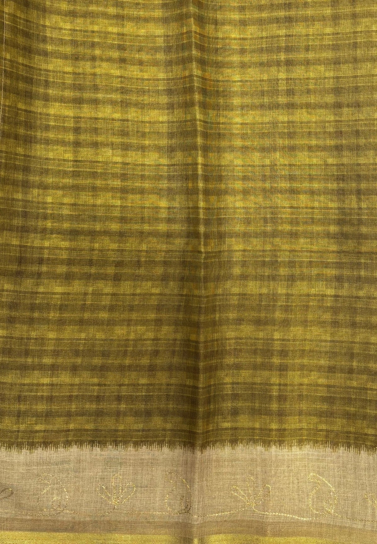 Tissue Linen Saree-Olive Green in Traditional Folk Art Printed Border