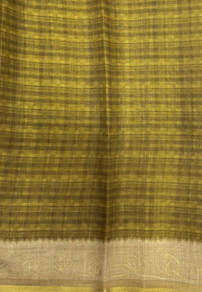 Tissue Linen Saree-Olive Green in Traditional Folk Art Printed Border
