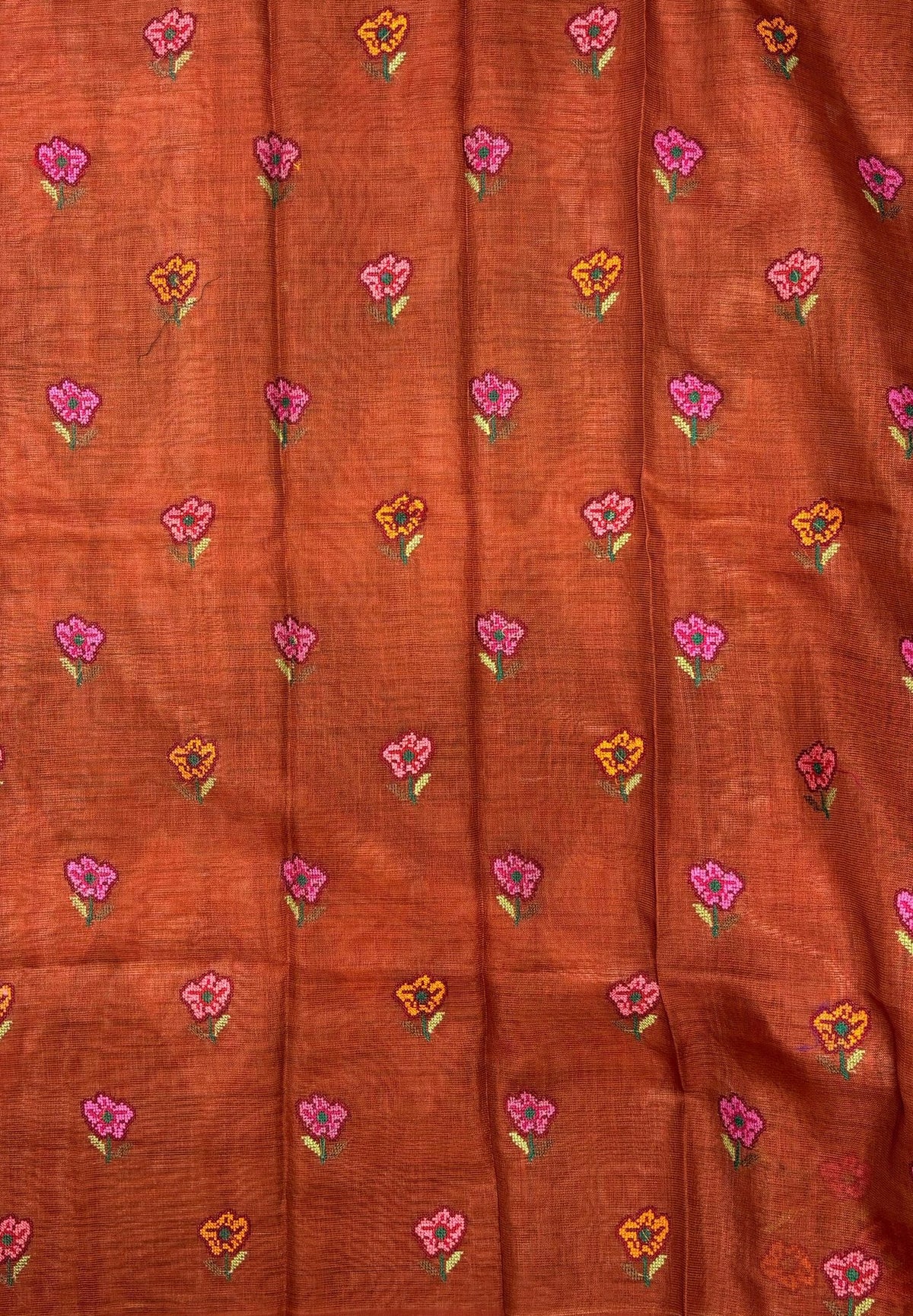 Tissue Linen Saree-Orange In Cross Stitch Floral Border