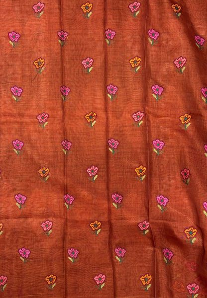 Tissue Linen Saree-Orange In Cross Stitch Floral Border