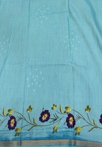 Malai Cotton Saree - Peacock Blue with Bandhini Print