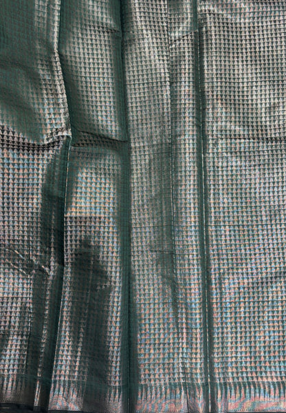 Tissue Silk Saree-Green In Curved Leaf Zari Border