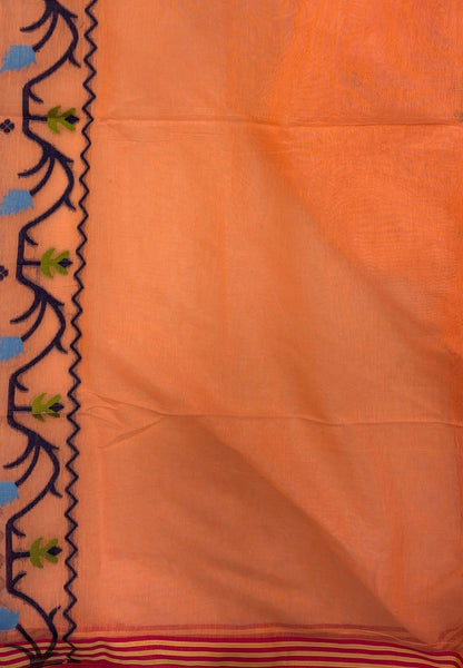 Handloom Cotton Saree-Light Orange In Lotus Floral Border