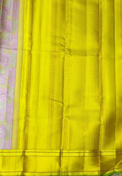 Pure Kanchipuram Silk Saree-Biege with Floral -Yellow Retapet border
