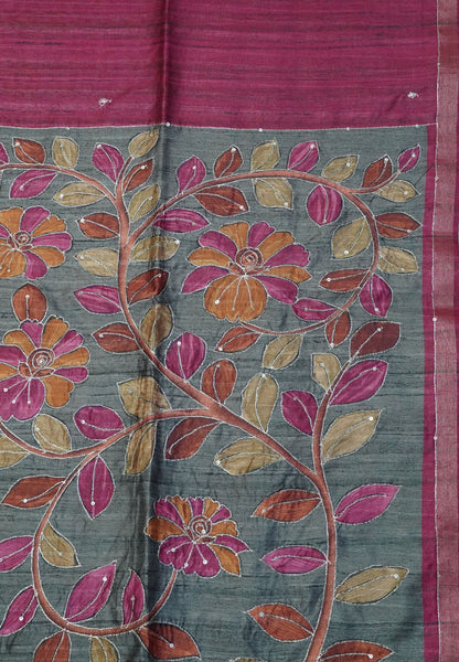 Semi Tussar Saree - Mayil Katch Work Pink