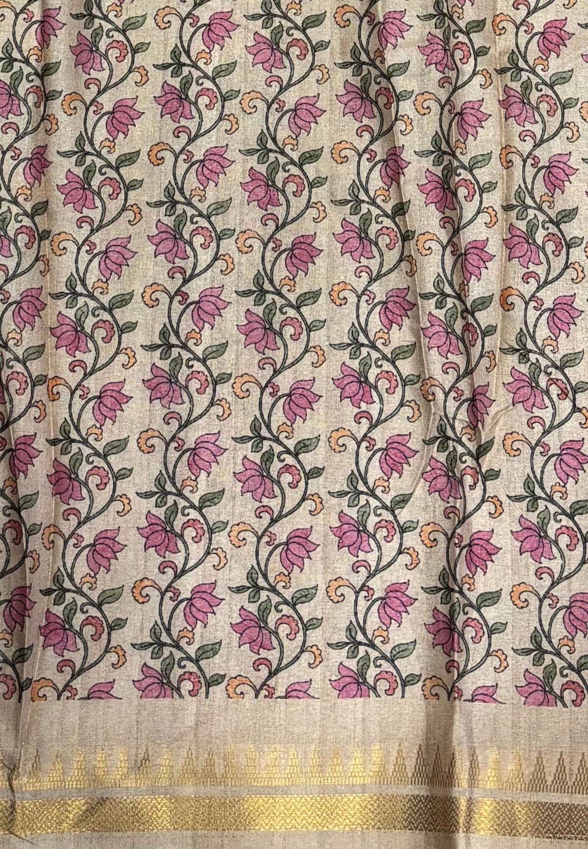 Semi Tussar Saree-Green in Madras Checks with Peacock Floral Border