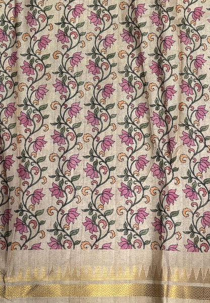 Semi Tussar Saree-Green in Madras Checks with Peacock Floral Border