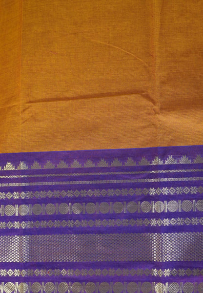 Chettinad Cotton Saree–Dark Mustard with Temple Zari Border