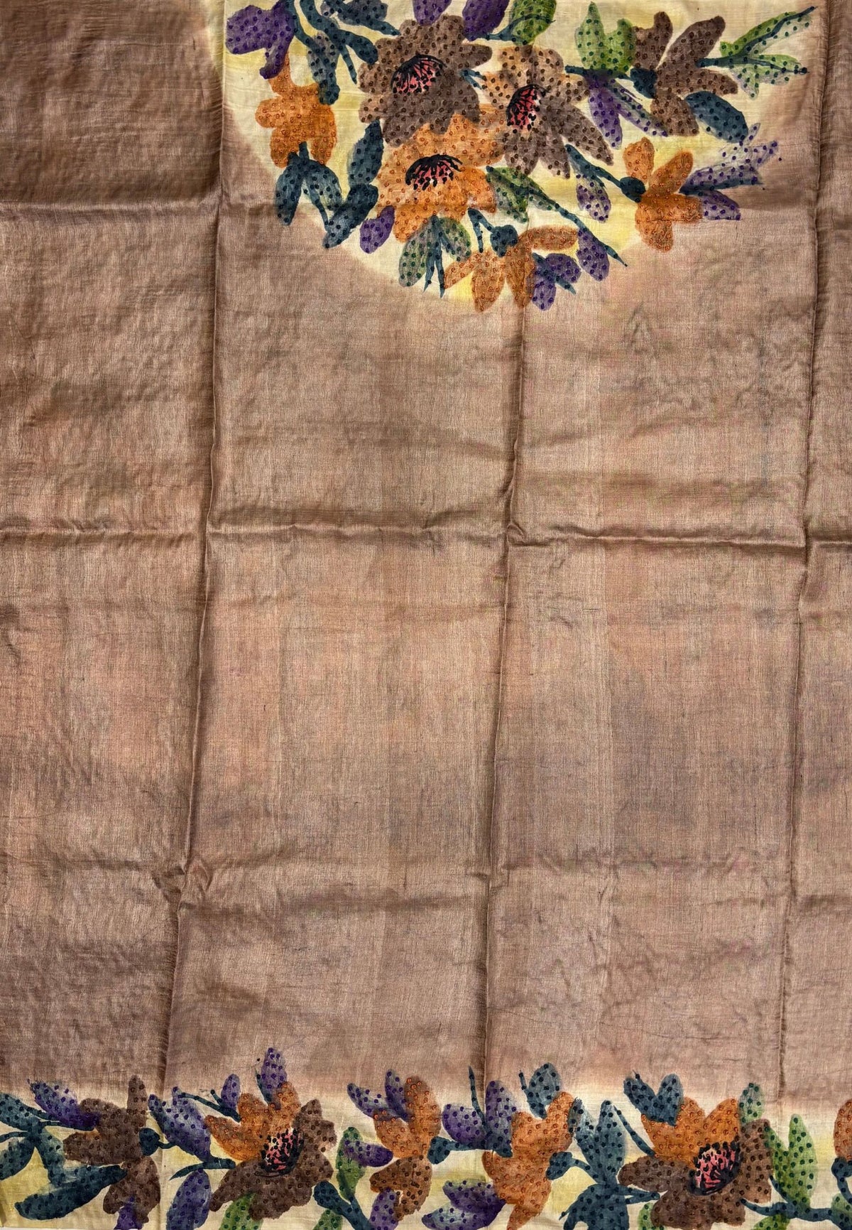Pure Tussar Saree-Rust In Stripe French Knot Border