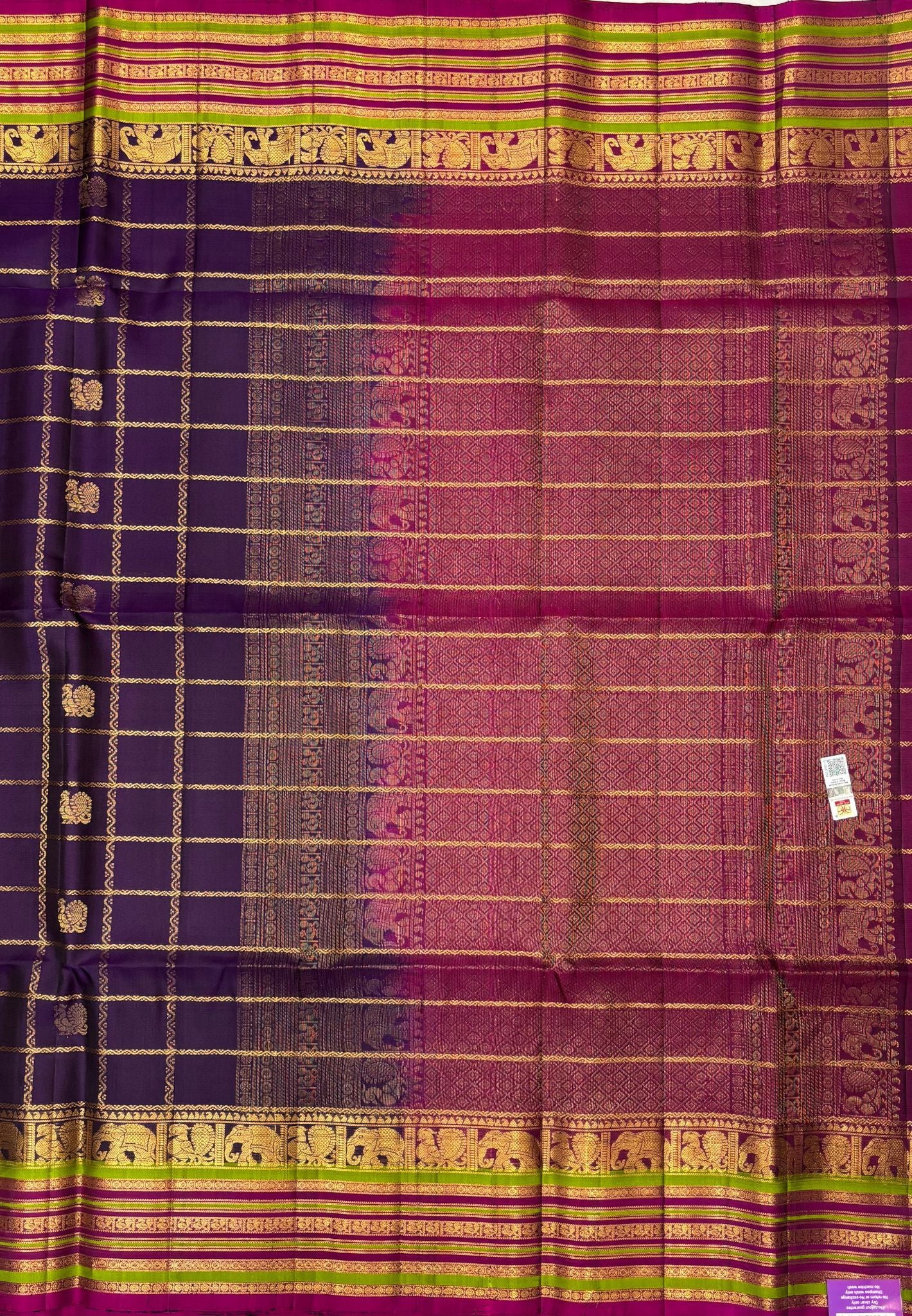 Pure Kanchipuram Silk Saree-Purple in Checkered Mayil Chakram with Varisapet Border