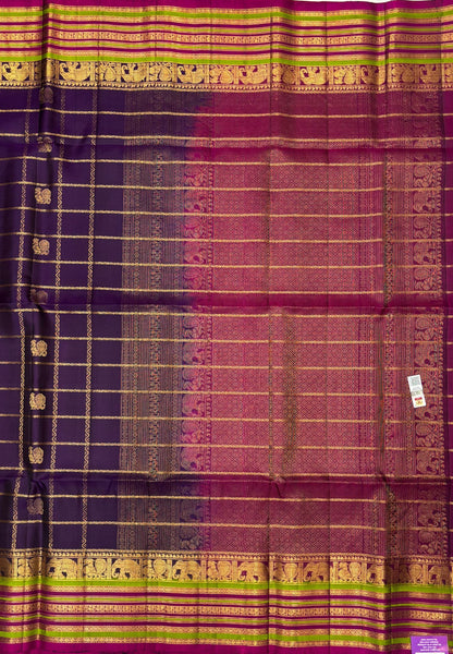 Pure Kanchipuram Silk Saree-Purple in Checkered Mayil Chakram with Varisapet Border